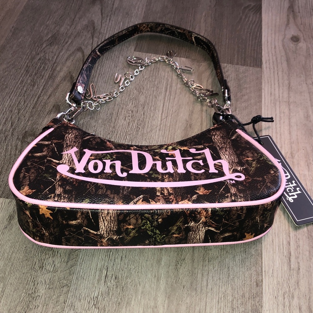 Von Dutch Tree Camo Shoulder Bag Pink Logo & Von Dutch Logo Chain Accent NWT - Picture 9 of 16